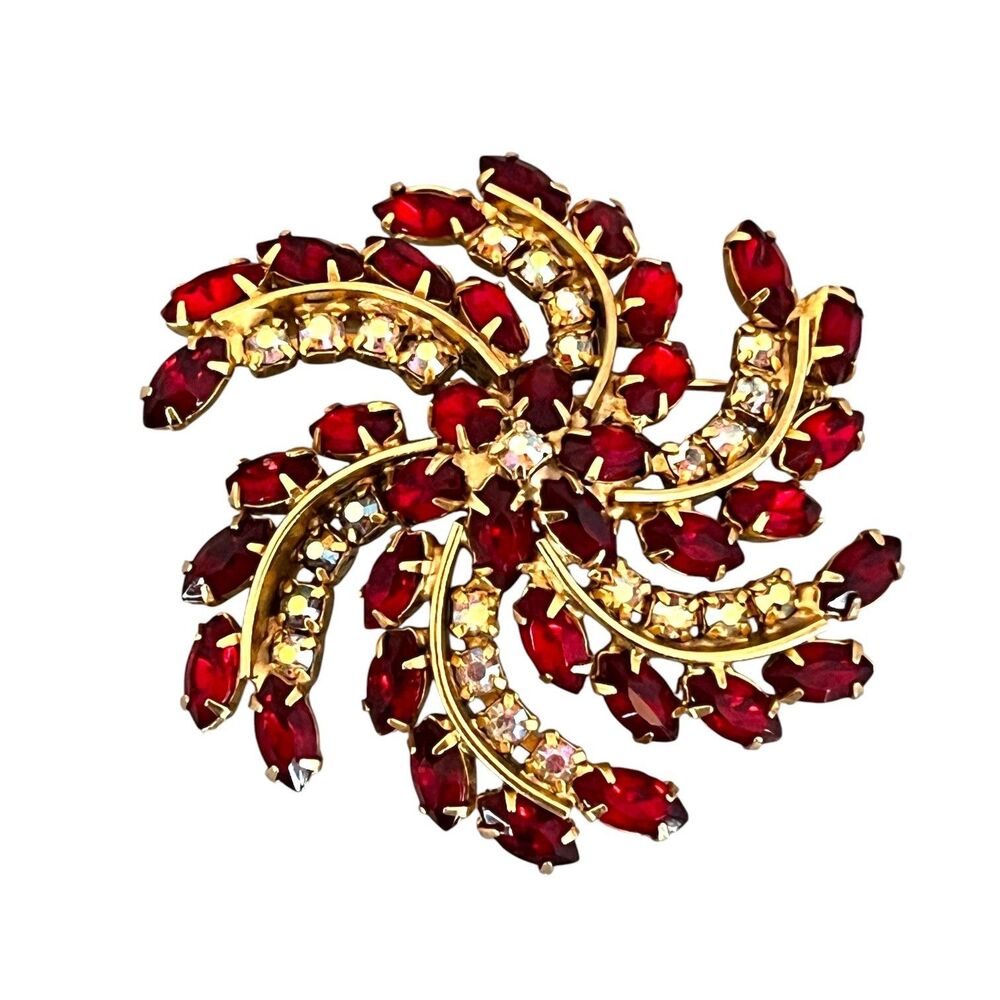 Vintage 1960s Red Rhinestone Swirl Brooch Pin Gold Tone - 10S
